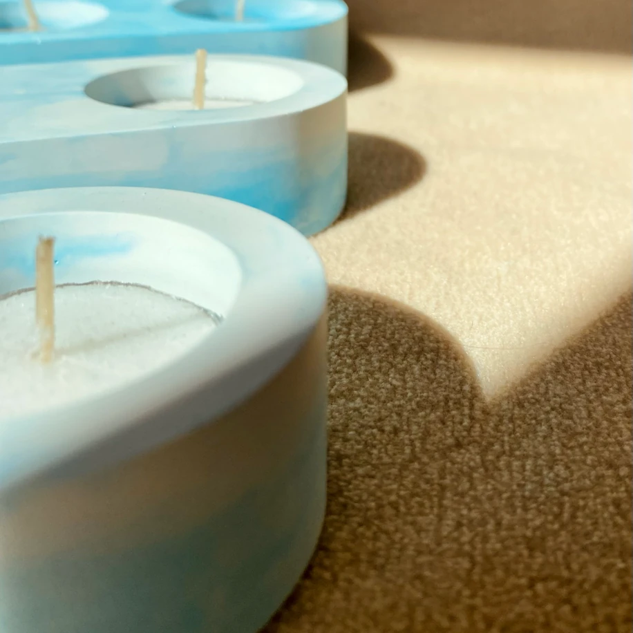 Mavi-Beyaz Mermer Efektli 3’lü El Yapımı Tealight Mumluk Seti