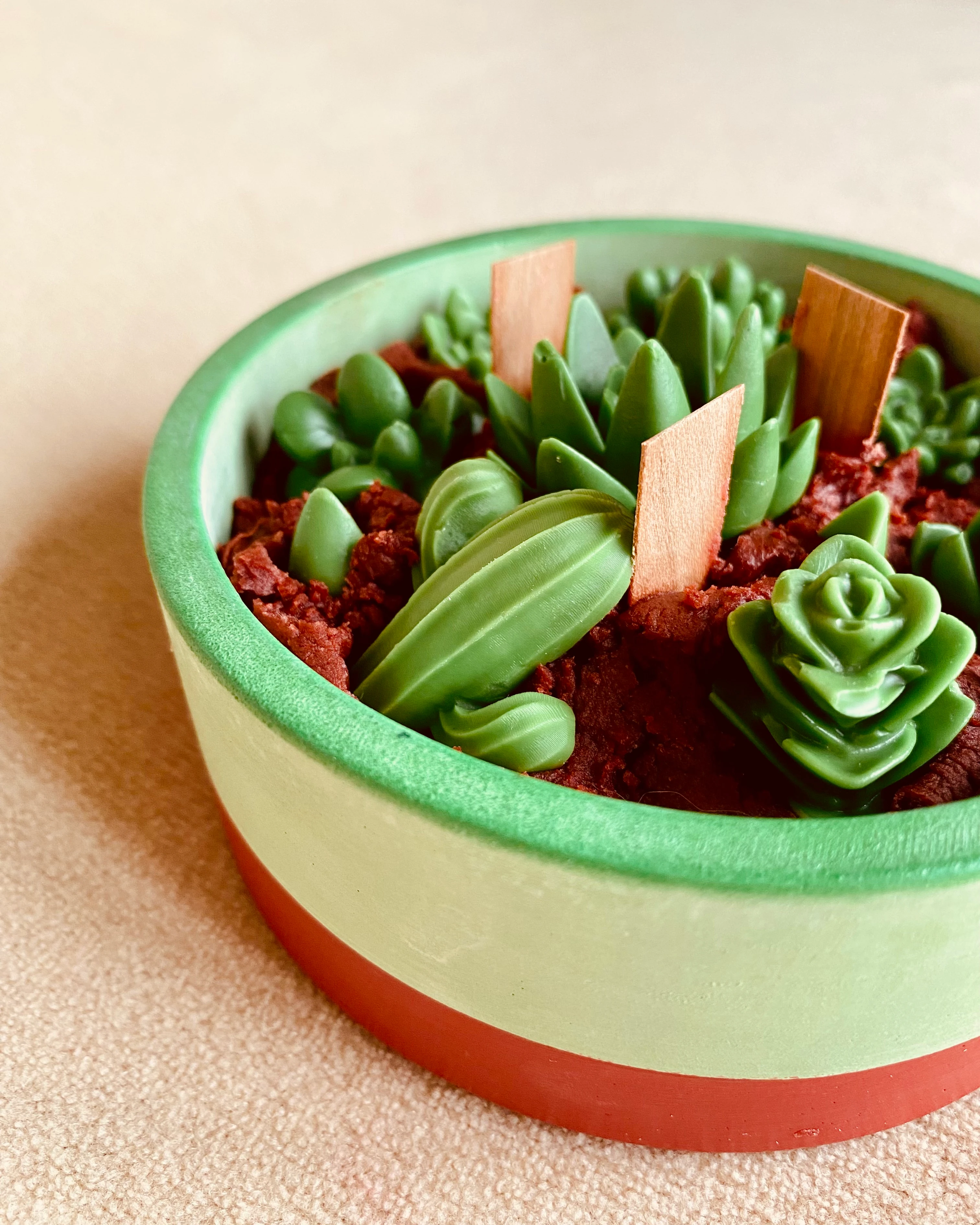 Succulent Garden Bowl – El Yapımı Taş Saksı & Sukulent Mum Aranjmanı