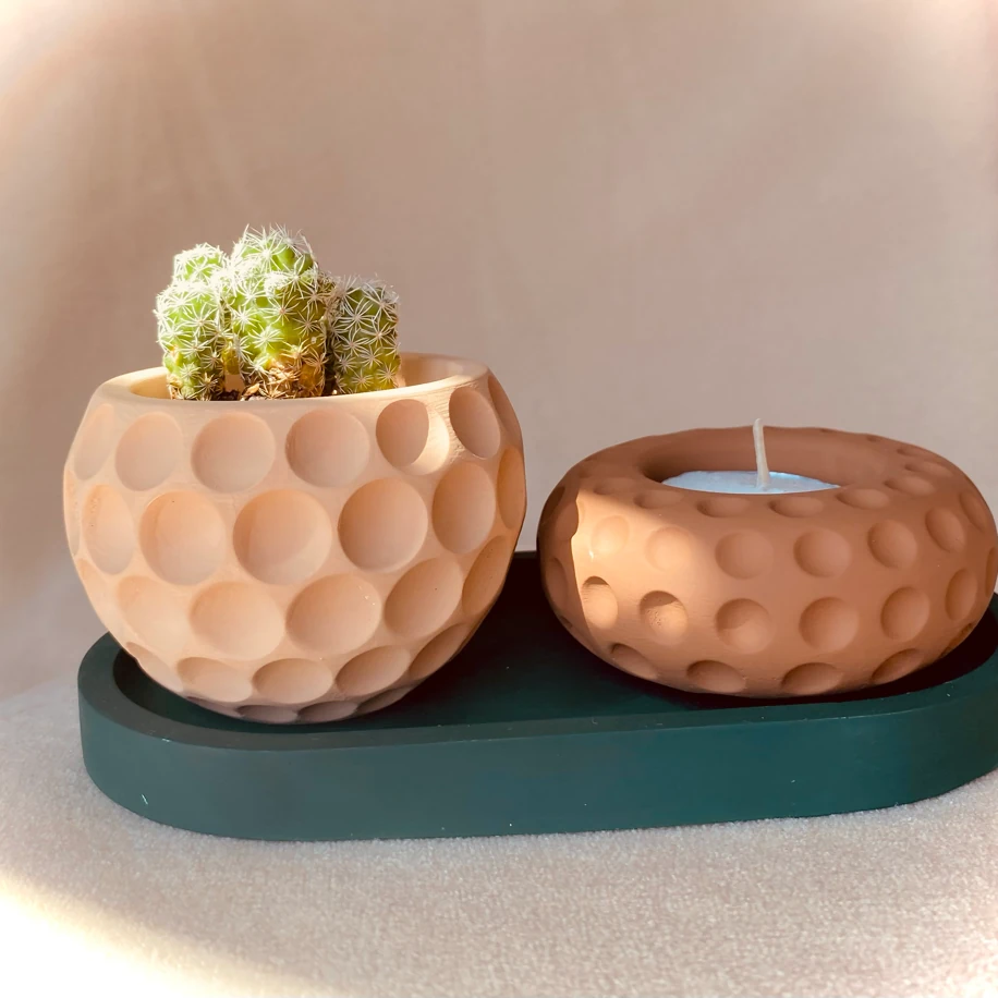 El Yapımı Dekoratif Kaktüs Saksı & Mumluk İkili Seti