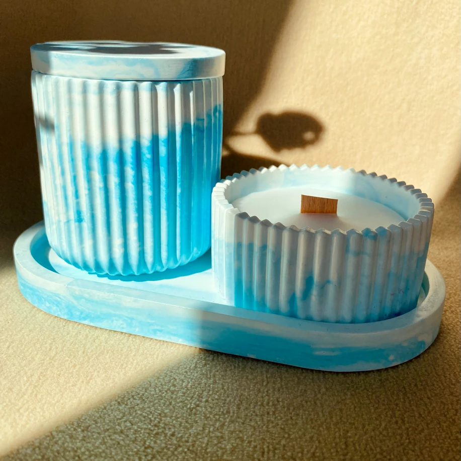 Mavi Dalgalar Kapaklı Mum & Dekor Seti | 3’lü El Yapımı Takım