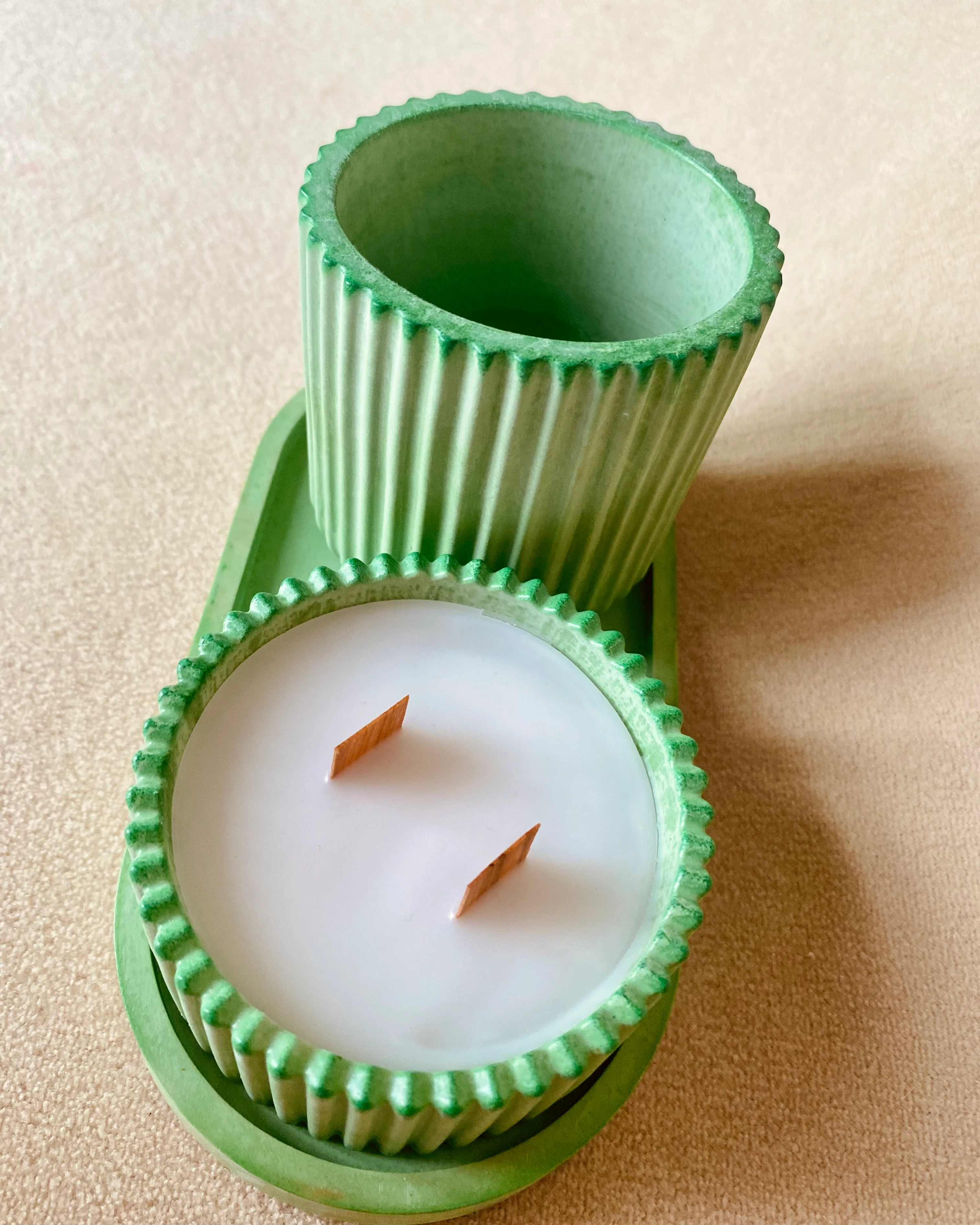 Mint Grove – 3’lü Dekor & Mum Seti | Ahşap Fitilli Soya Mum 