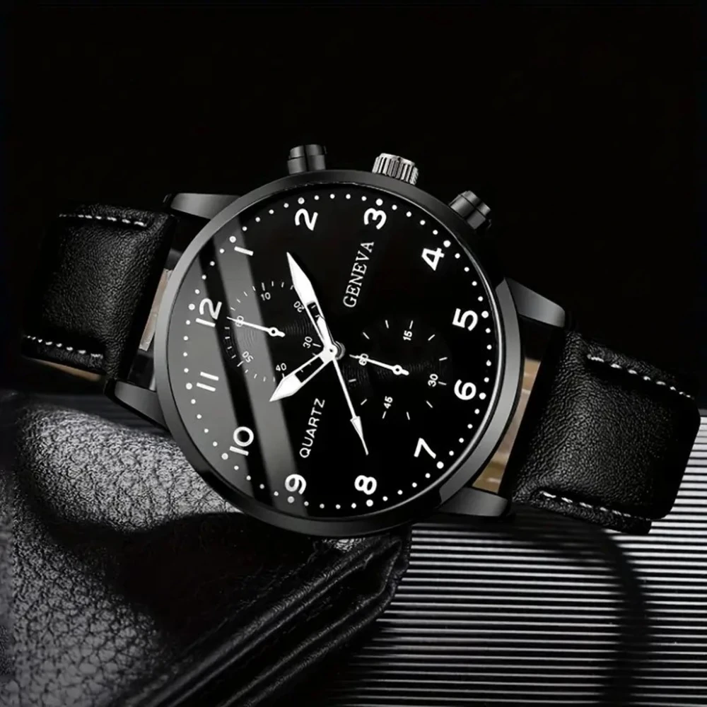 Günlük Kuvars Saat & Suni Deri Bileklik Seti – Erkekler İçin Şık Kombin, Babalar Günü Hediyesi