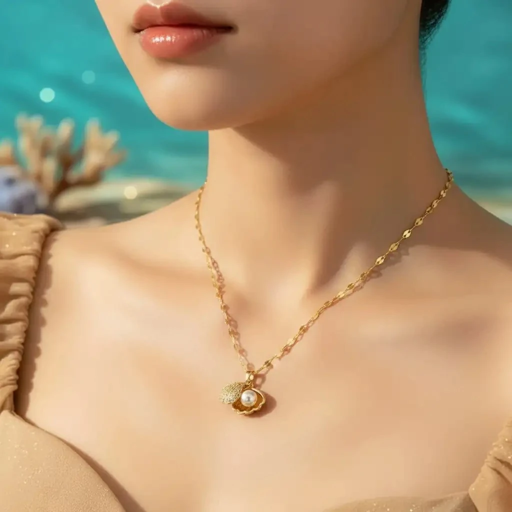 18 Ayar Altın Kaplama İnci & Kübik Zirkonya Kolye – Zarif Deniz Tarzı Tatil Mücevheri
