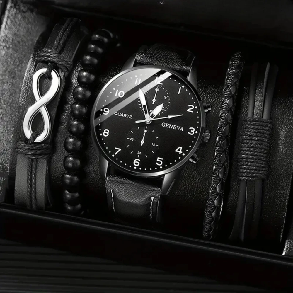 Günlük Kuvars Saat & Suni Deri Bileklik Seti – Erkekler İçin Şık Kombin, Babalar Günü Hediyesi