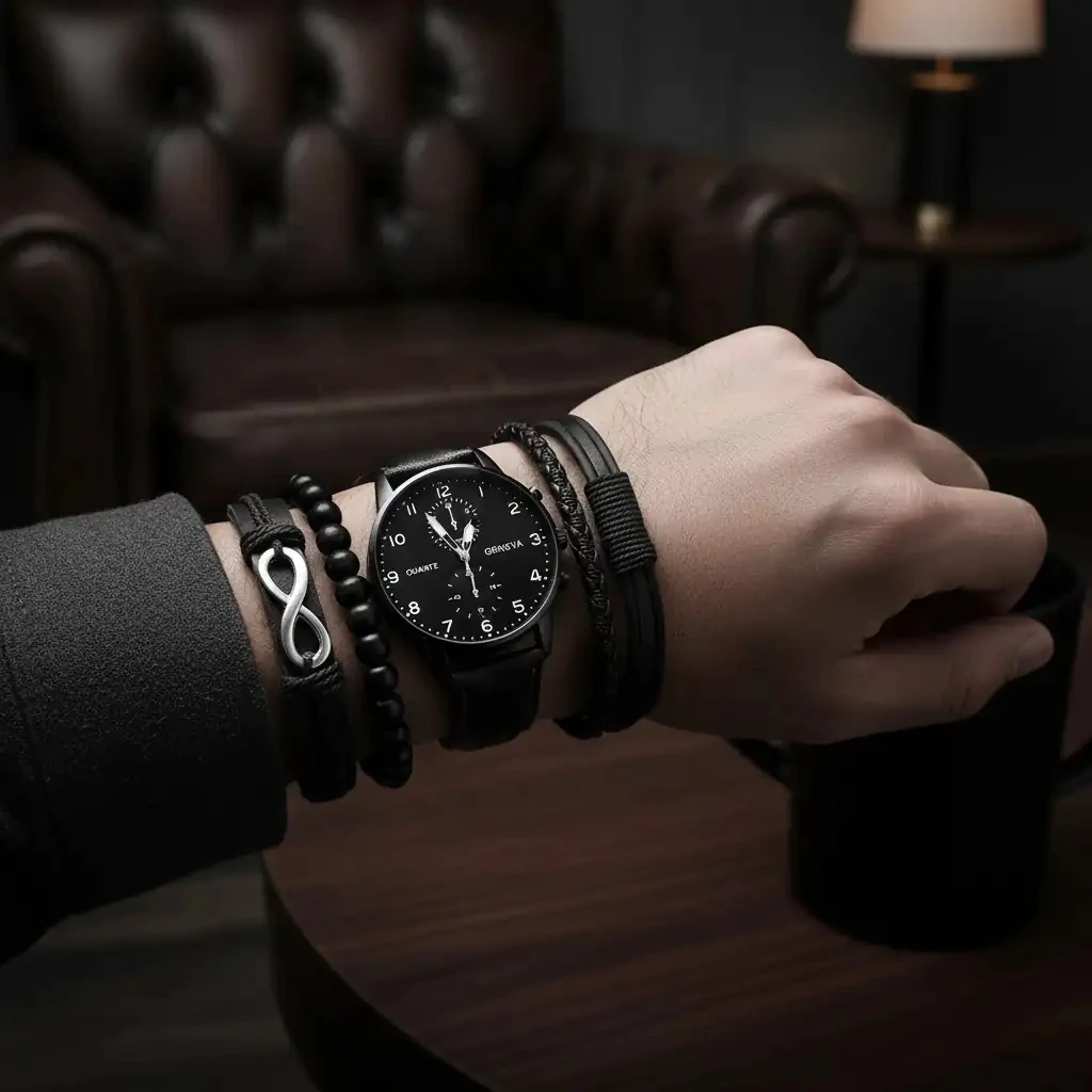 Günlük Kuvars Saat & Suni Deri Bileklik Seti – Erkekler İçin Şık Kombin, Babalar Günü Hediyesi