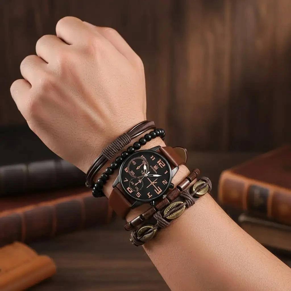 Erkek 5 Parça Saat ve Bileklik Seti – Lüks Kuvars Saat, Tarz Sevenler İçin İdeal Hediye