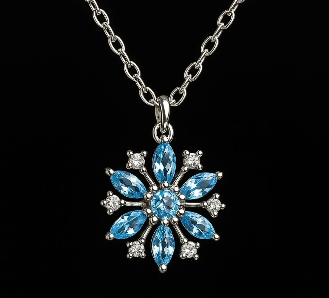 Zarif Gökyüzü Mavisi Kar Tanesi Kolye – Işıltılı ve Şık Kış Tasarımı, Kadınlar İçin Özel Takı