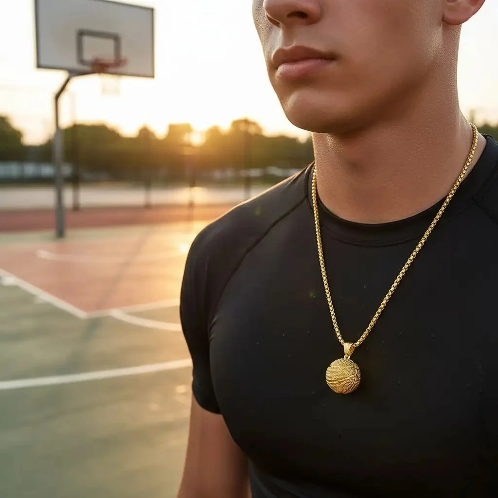 Punk Tarzı Altın Basketbol Kolye – Erkekler İçin Spor ve Sokak Modası Aksesuarı