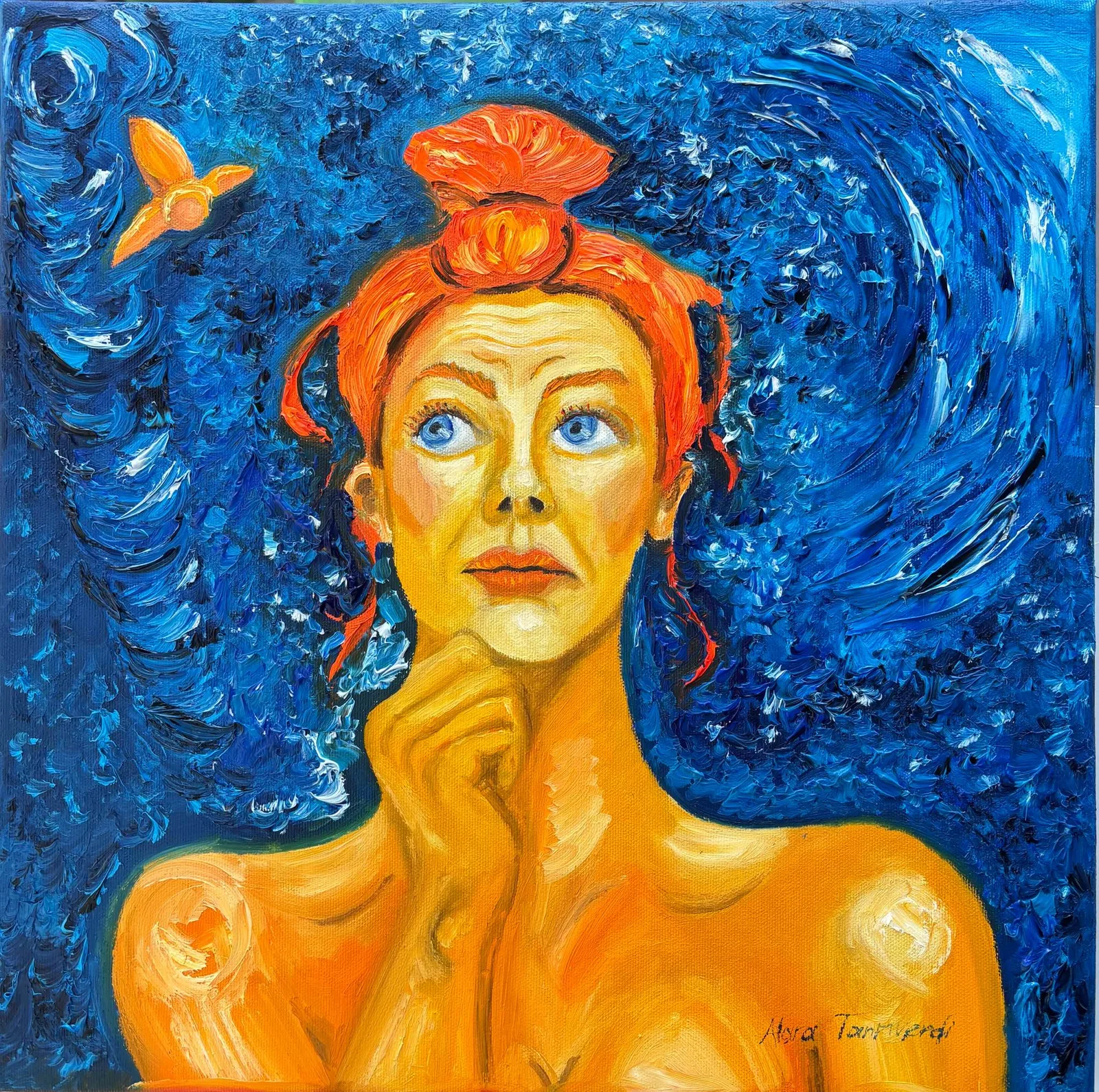 Düşünceli yağlı boya 45x45cm imzalı (çerçeveli)