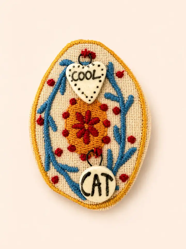 Çiçek işlemeli cool cat yazılı  broş