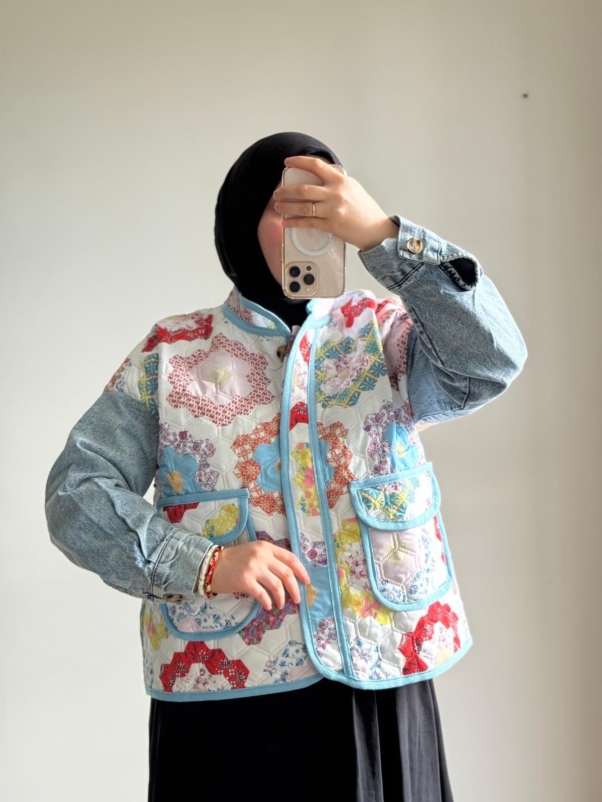 Caipur Kapitone Ceket - Denim Patchwork