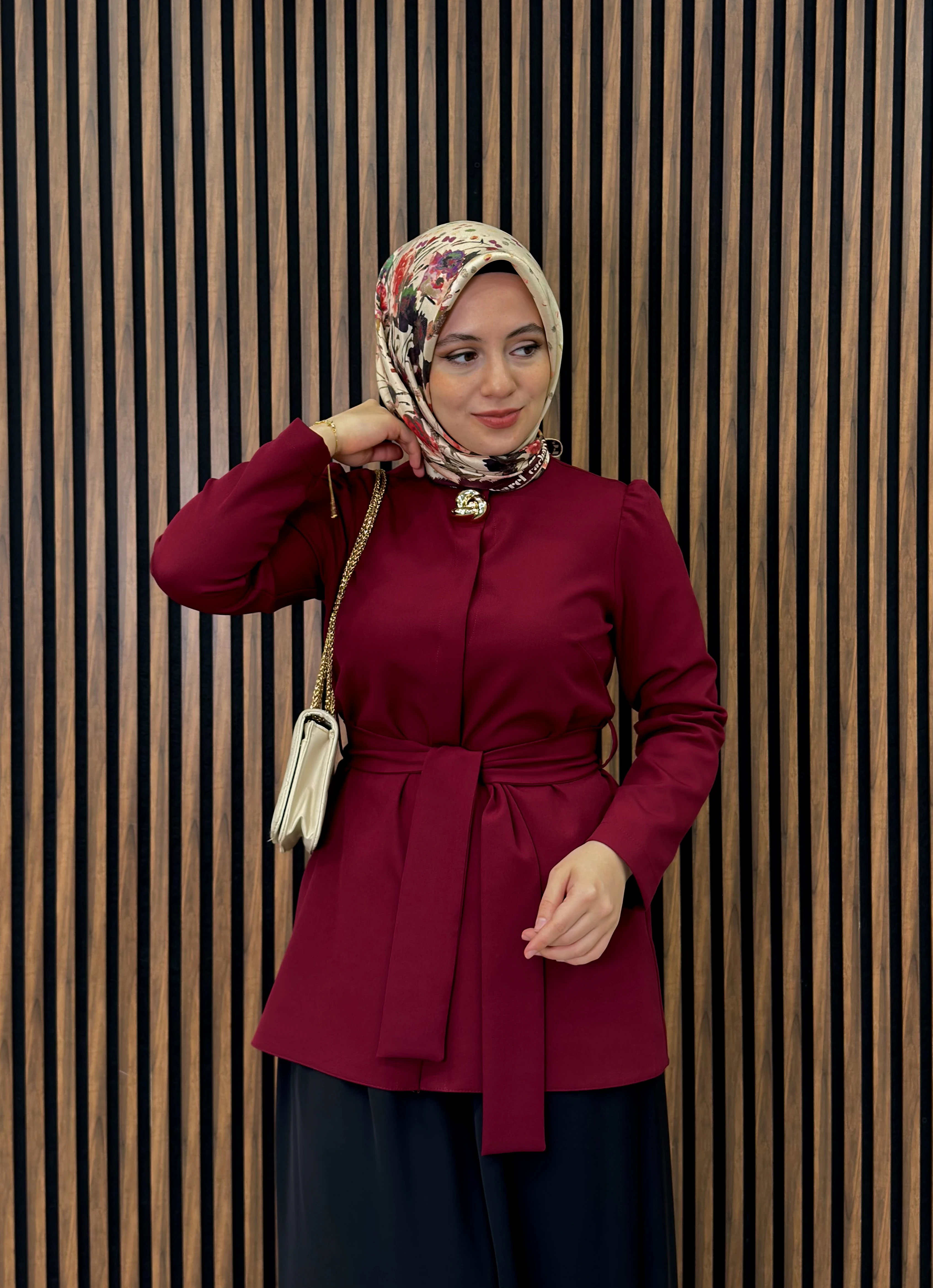 Gold Düğmeli Kemerli Ceket - Bordo