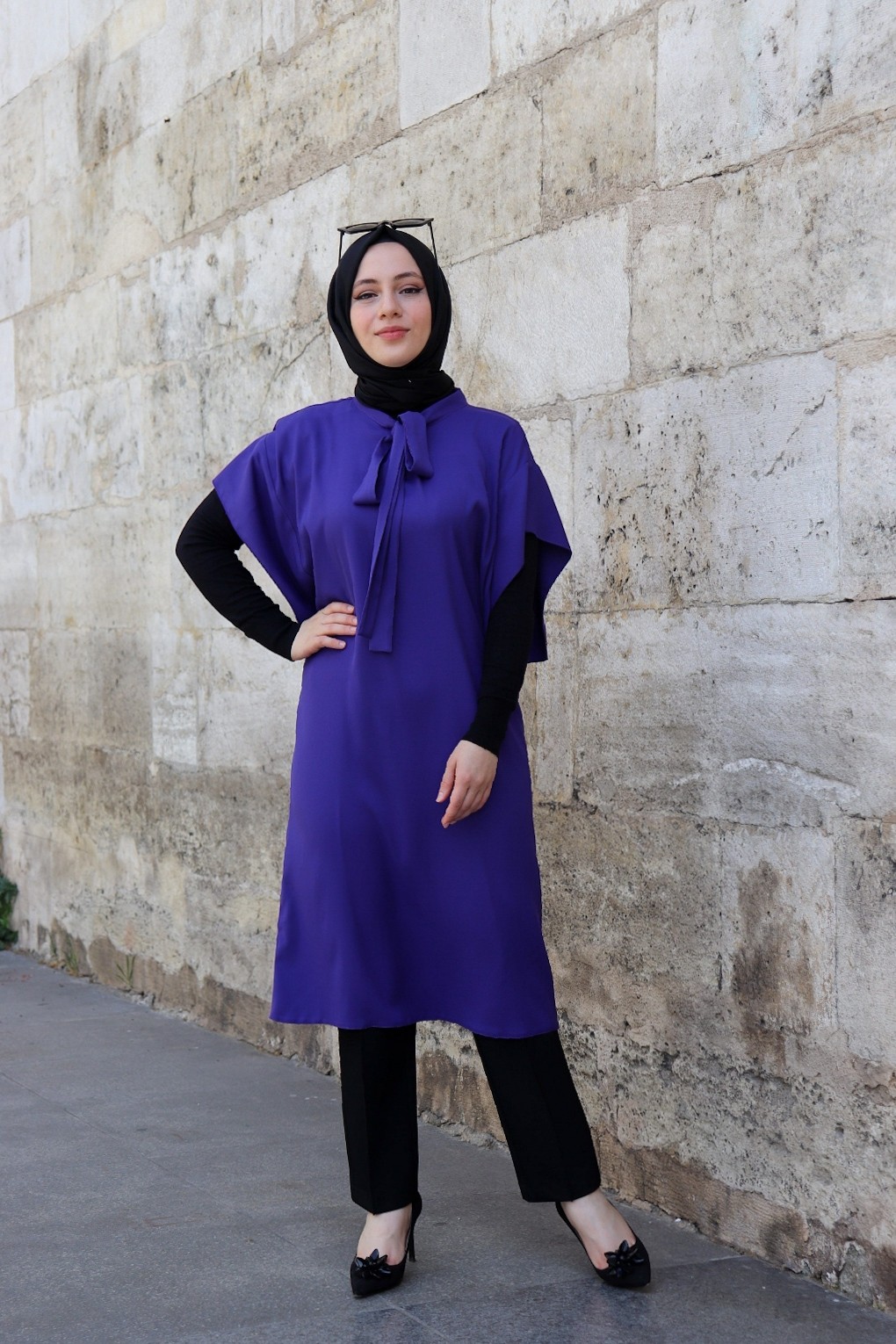 Fularlı İpek Krep Lale Tunik Mor