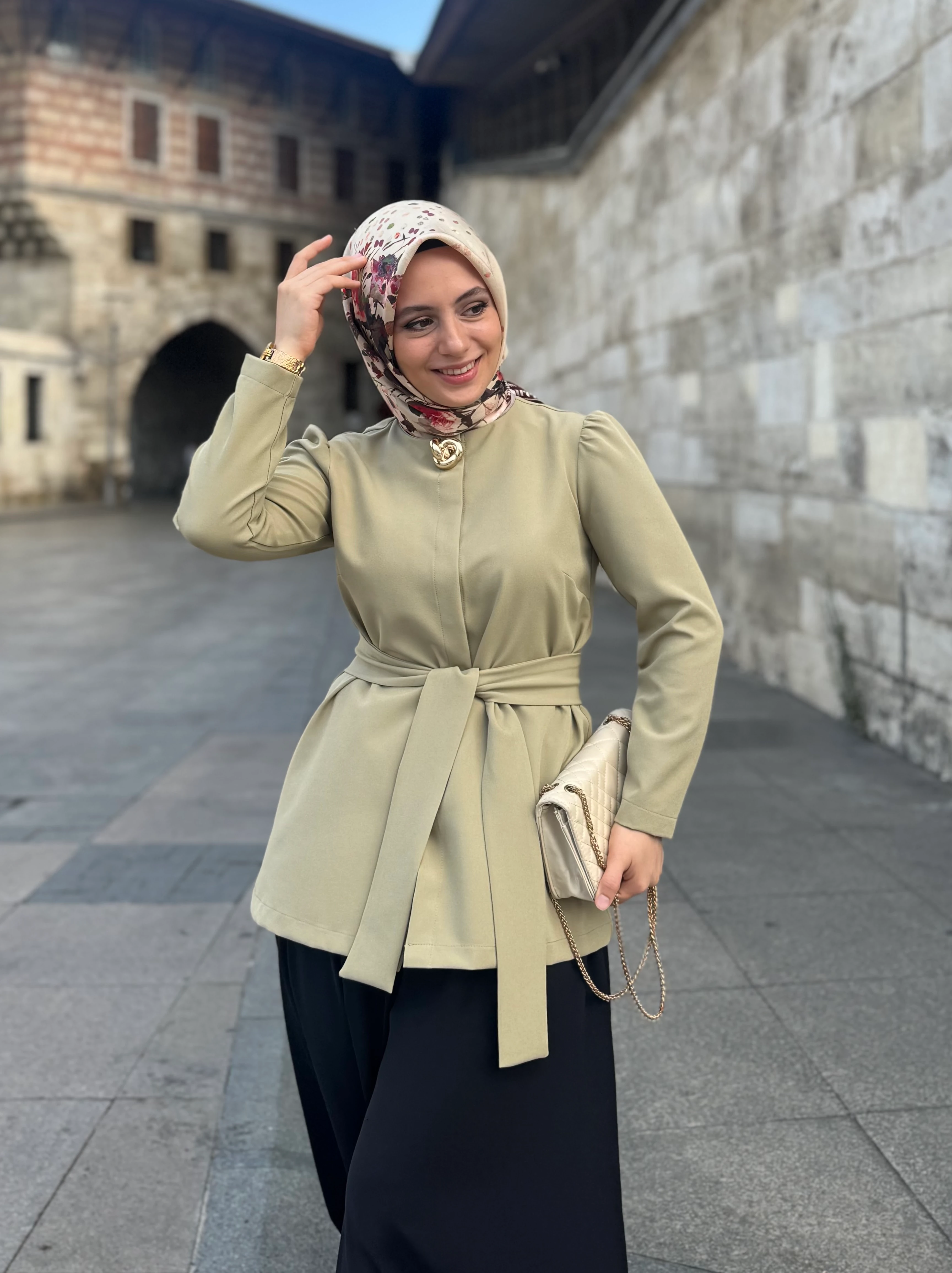 Gold Düğmeli Kemerli Ceket - Haki Yeşili