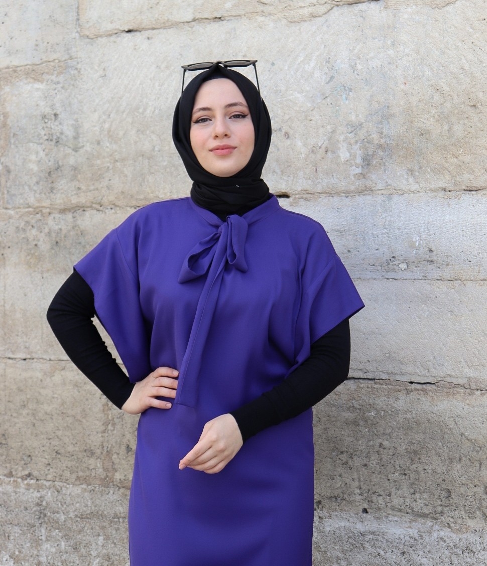 Fularlı İpek Krep Lale Tunik Mor