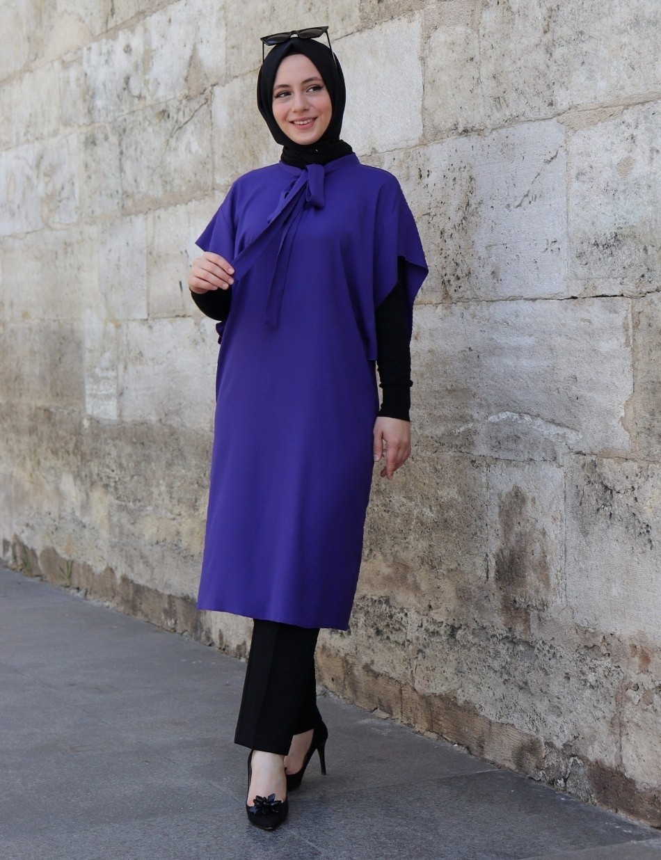 Fularlı İpek Krep Lale Tunik Mor