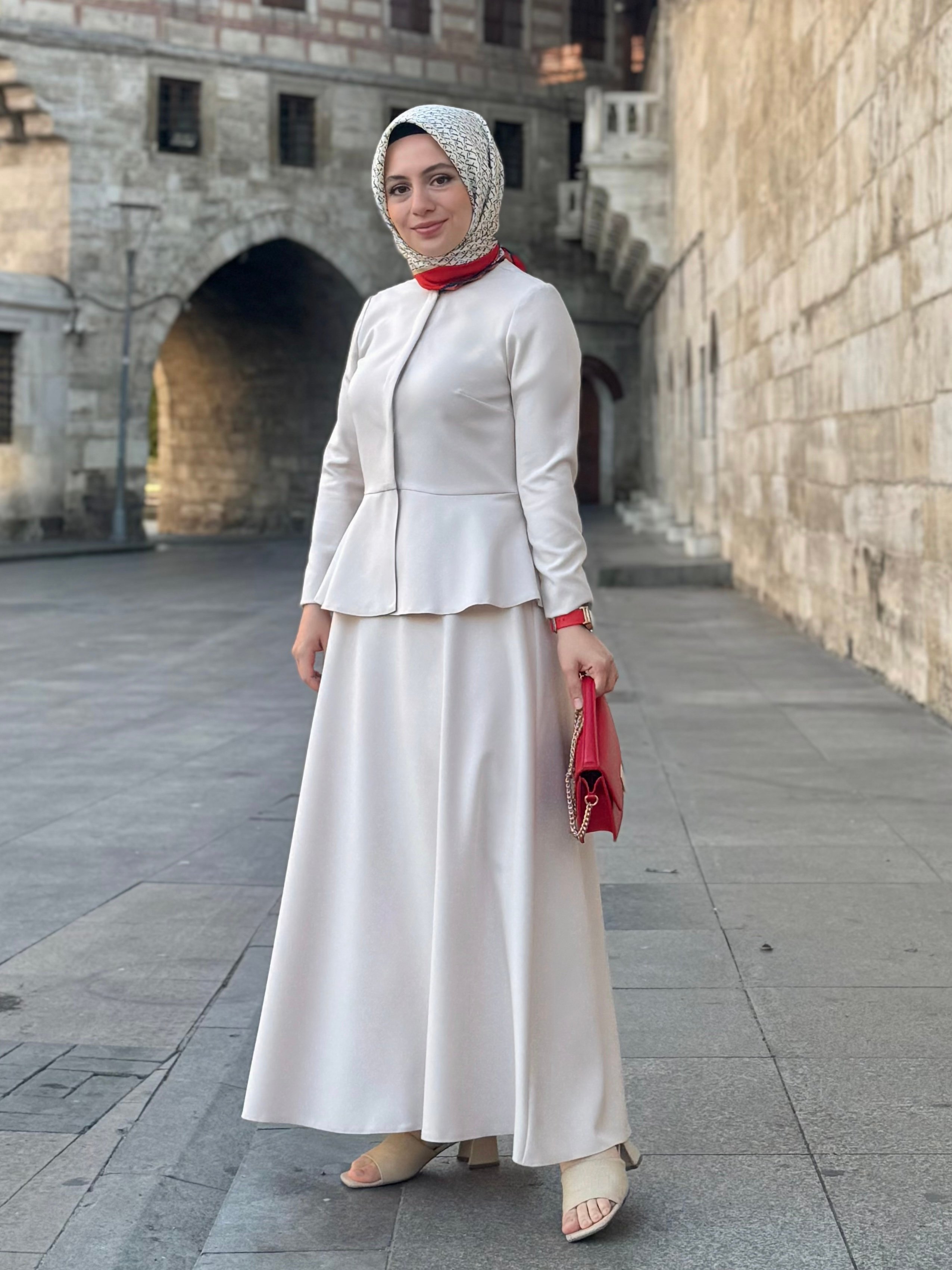 Peplum Ceketli Yarım Kloş Etek Takım - Taş