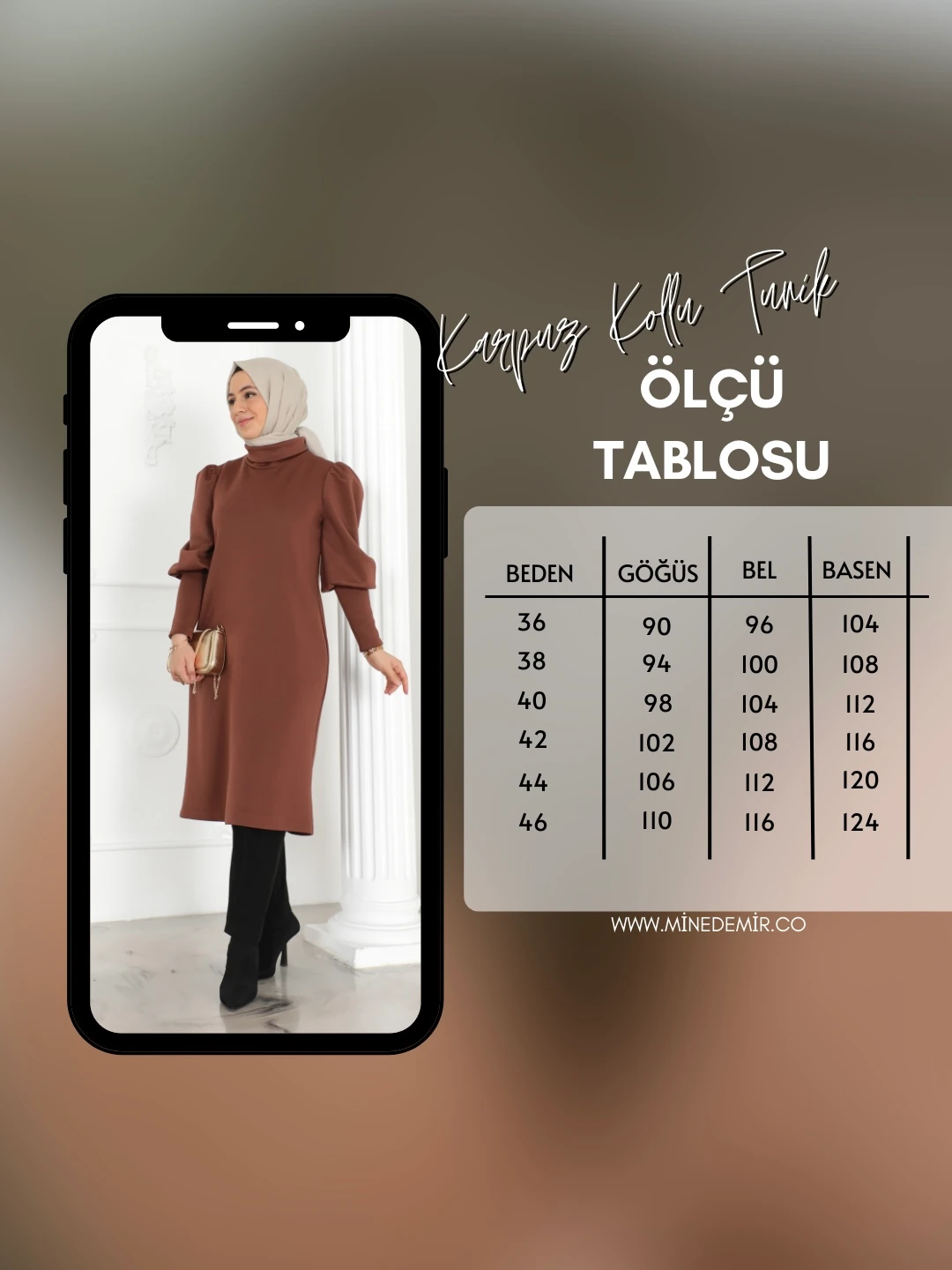 Karpuz Kollu Uzun Manşetli Boğazlı Çikolata Kahve Tunik