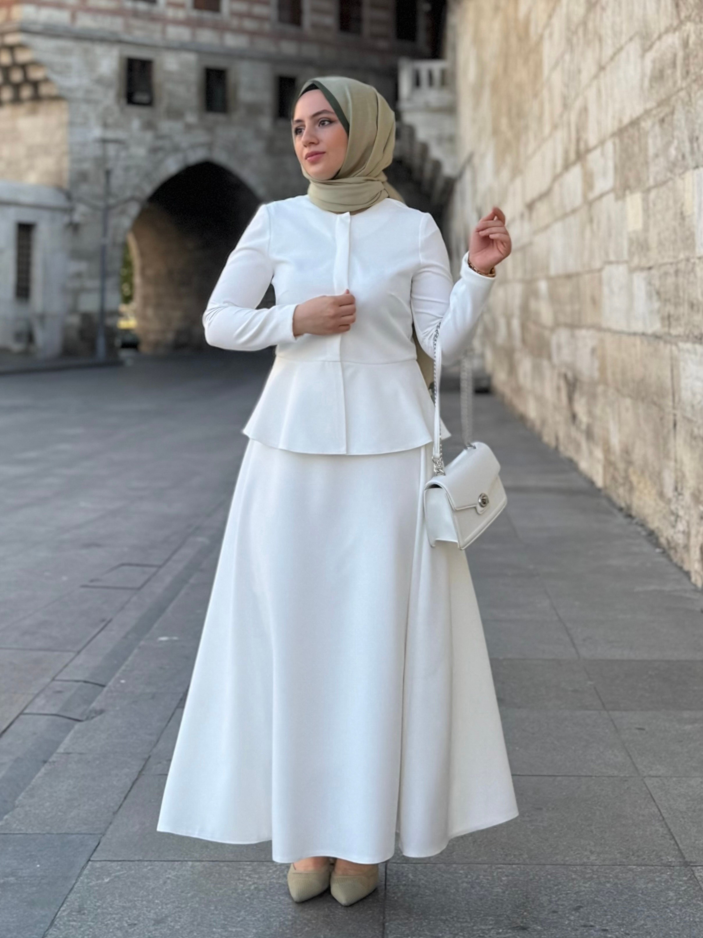 Peplum Ceketli Yarım Kloş Etek Takım - Beyaz