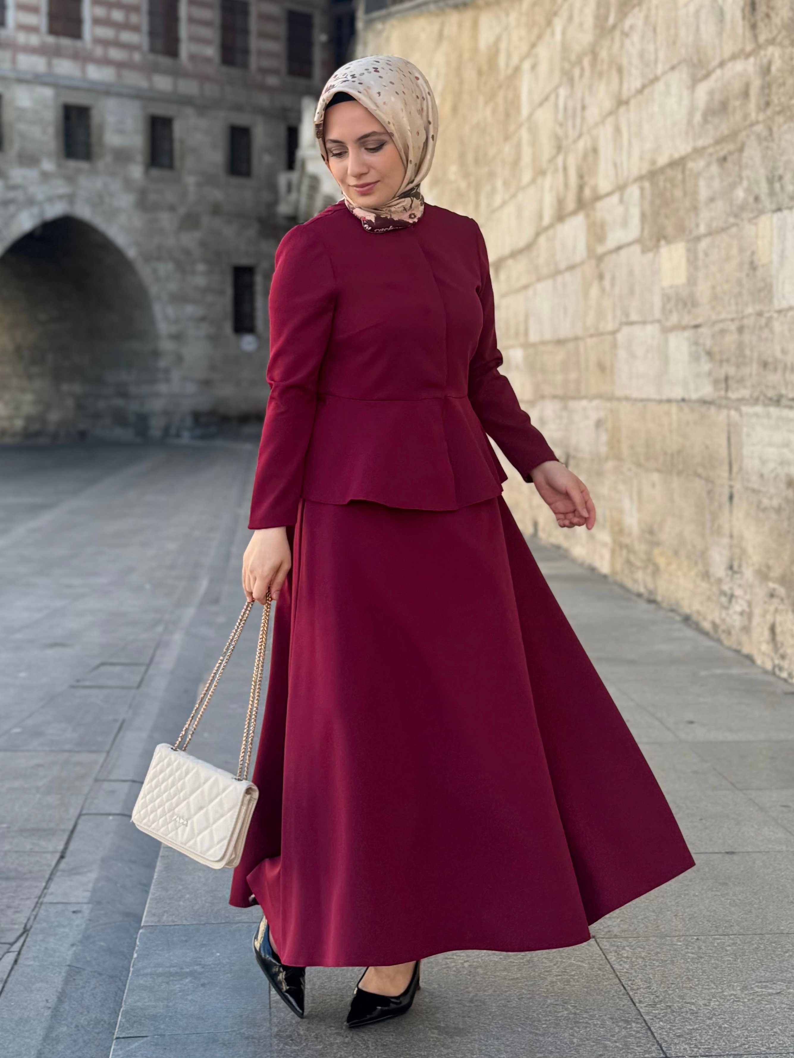 Peplum Ceketli Yarım Kloş Etek Takım - Bordo
