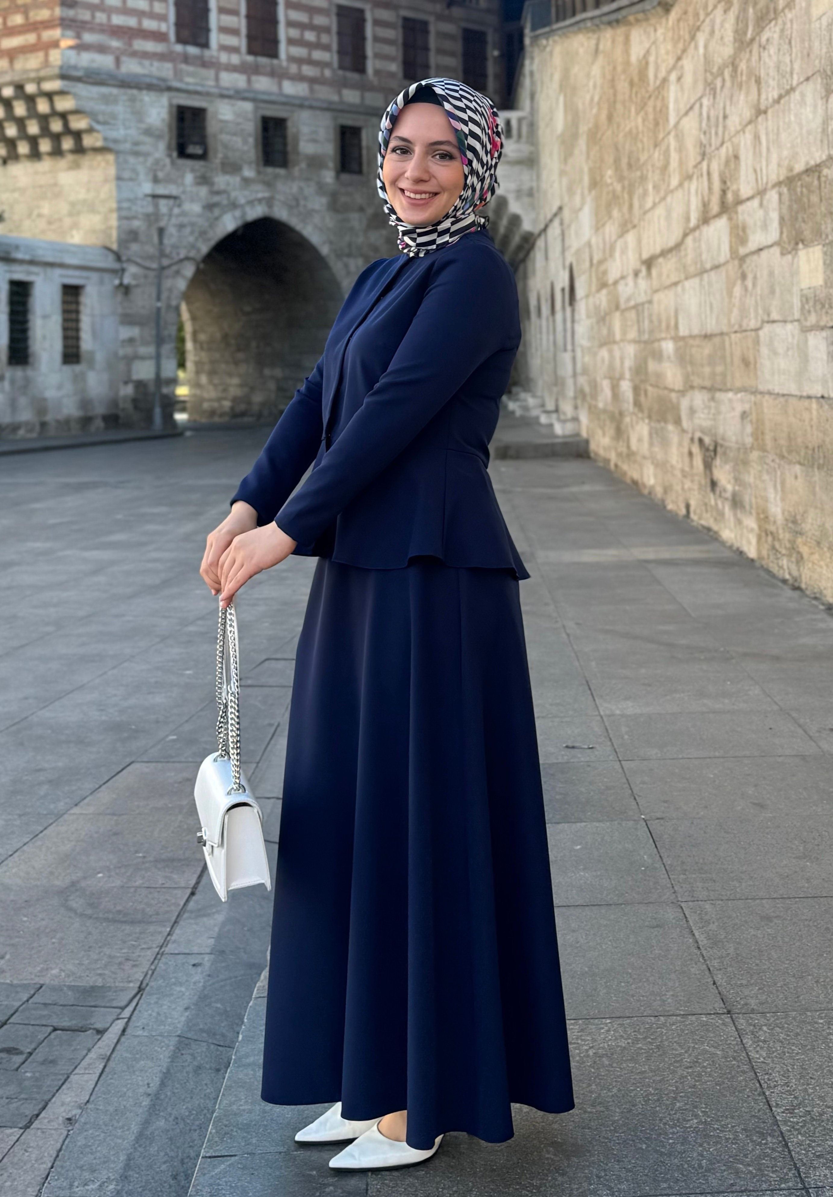Peplum Ceketli Yarım Kloş Etek Takım - Lacivert