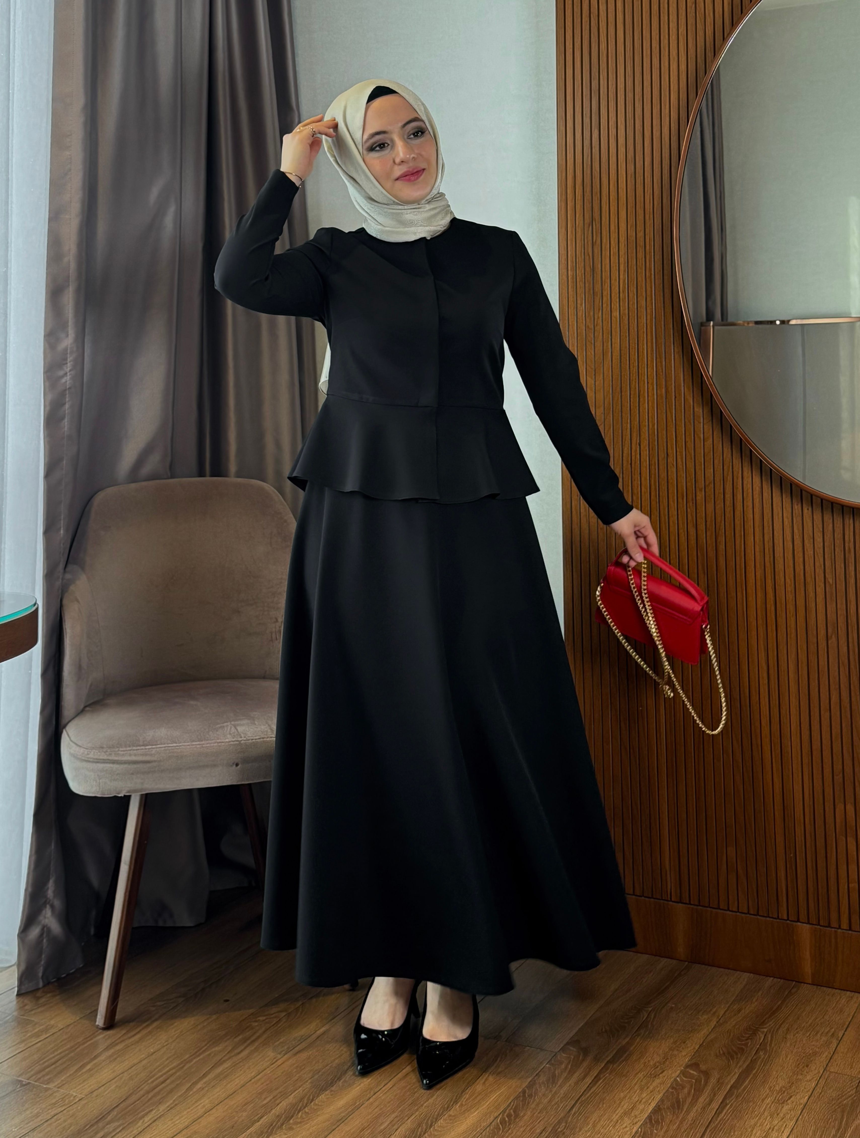 Peplum Ceketli Yarım Kloş Etek Takım - Siyah