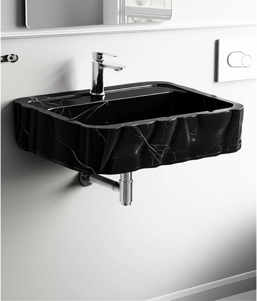 Hand-Carved Black Marble Bathroom Sink: Sculptured Toros Design