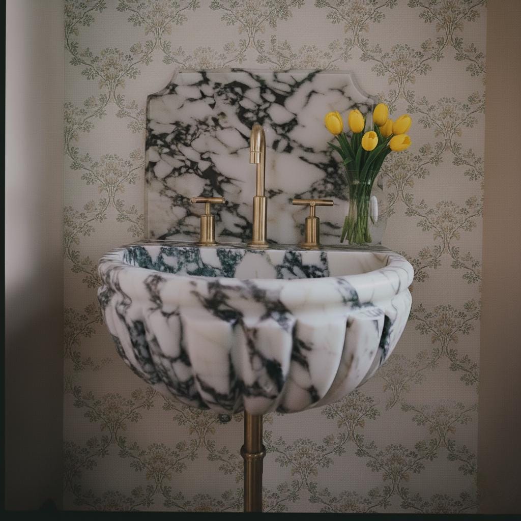 Carved natural calacatta viola marble sink with aestetic backsplash