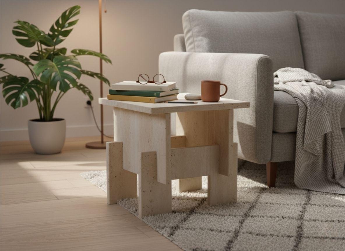 Chunky Travertine Side Table, Brutalist Modern Accent Table