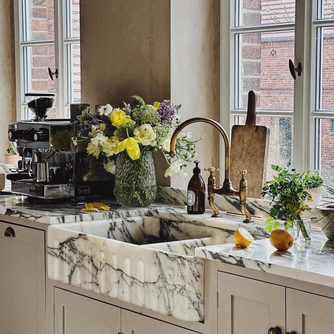 Handmade Marble Farmhouse Kitchen Sink - Double Bowl Apron Front Natural Stone Luxury Custom Design