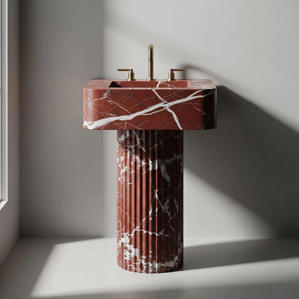 Modern Pedestal Rosso Levanto fluted marble sink