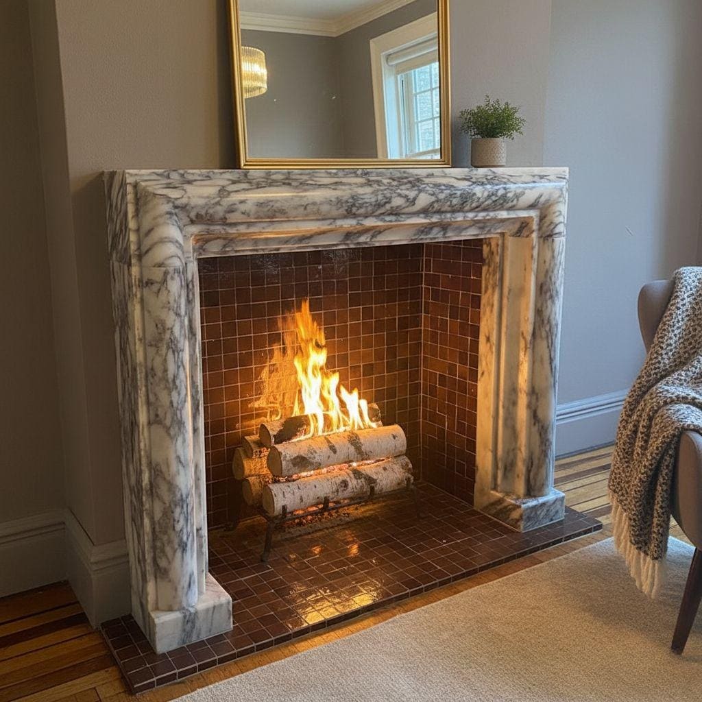 Modern Marble Fireplace Surround, Calacatta Viola Mantel, Art Deco Ribbed Fireplace