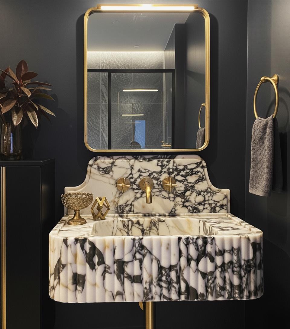 Calacatta Viola Fluted Marble Sink with aestetic backsplash