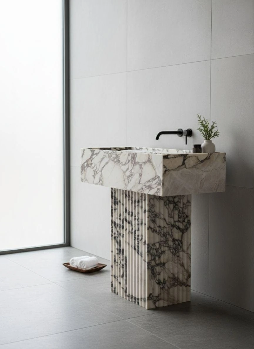 Modern Pedestal Calacatta Viola fluted marble sink