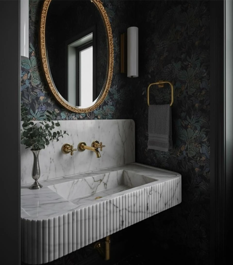 Hand-Carved Fluted Carrara Marble Wall-Mount Sink with Backsplash