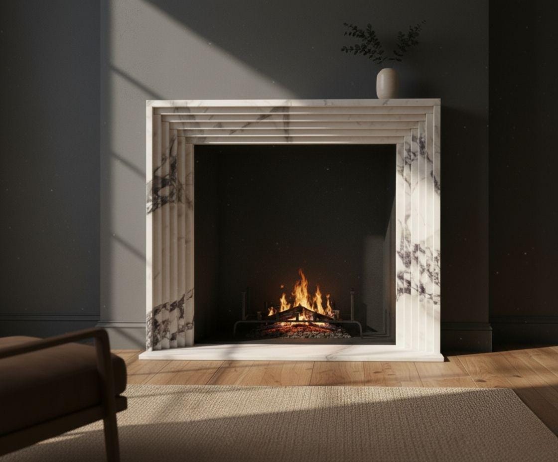 Modern Marble Fireplace Surround, Calacatta Viola Mantel, Art Deco Ribbed Fireplace