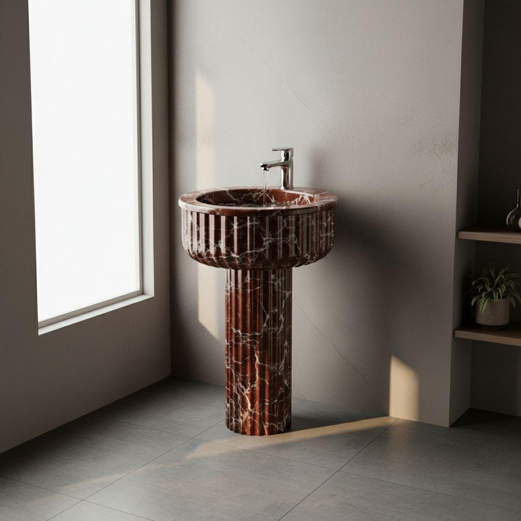 Round Pedestal Rosso Levanto fluted marble sink
