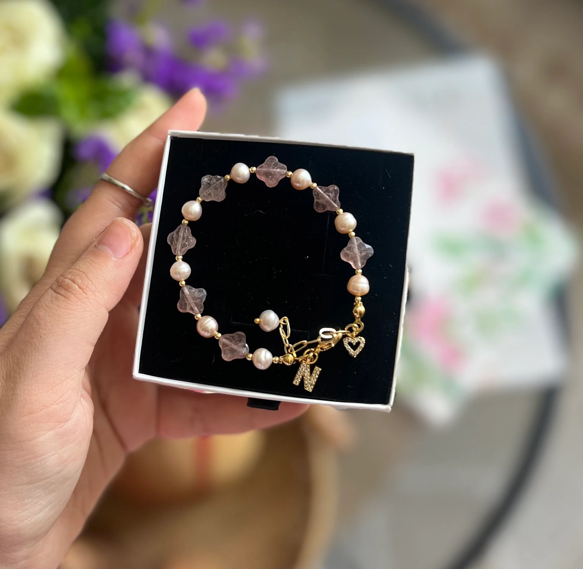 çilek kuvars-pembe inci bileklik