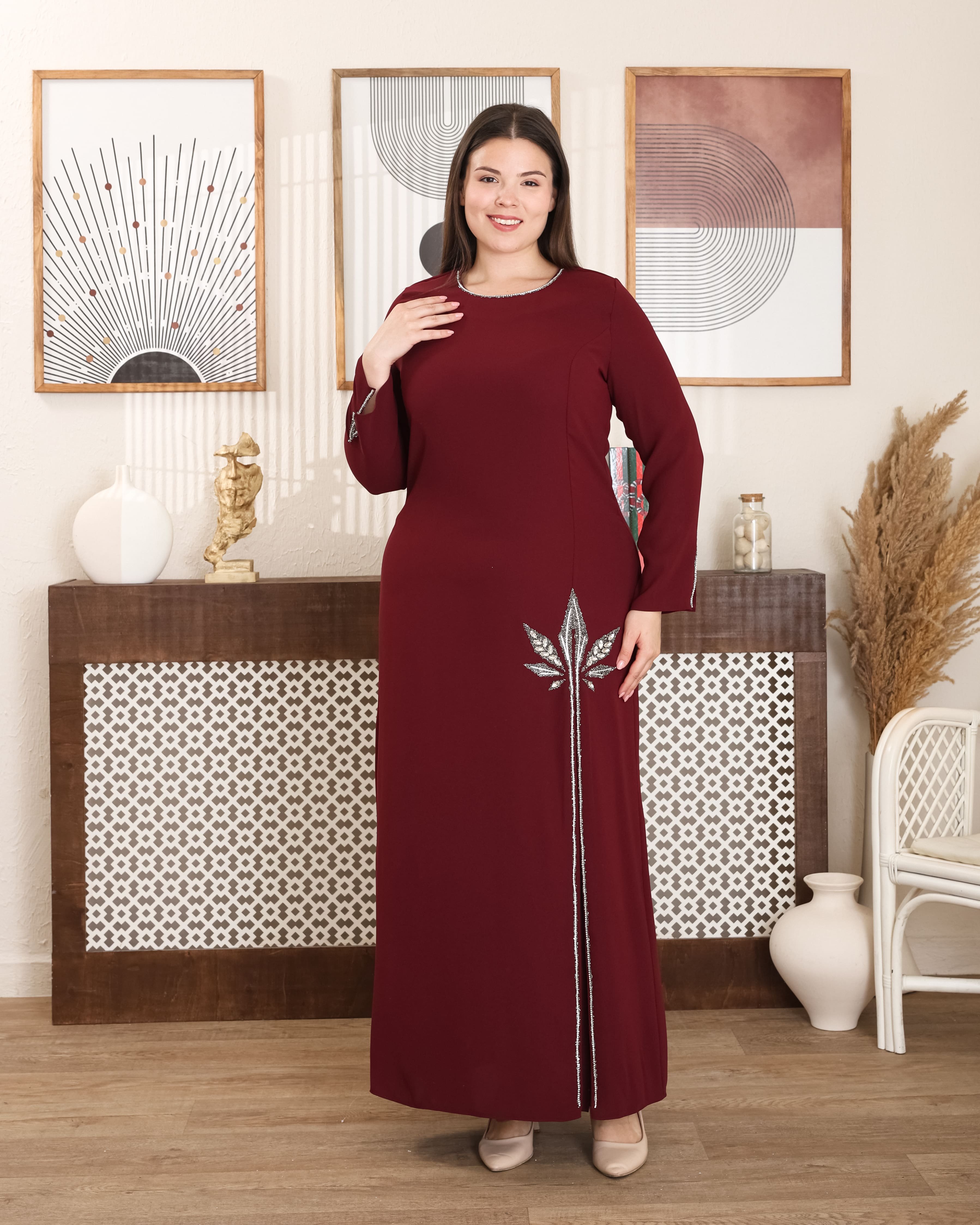 Yandan Piliseli Büyük Beden Abiye - BORDO