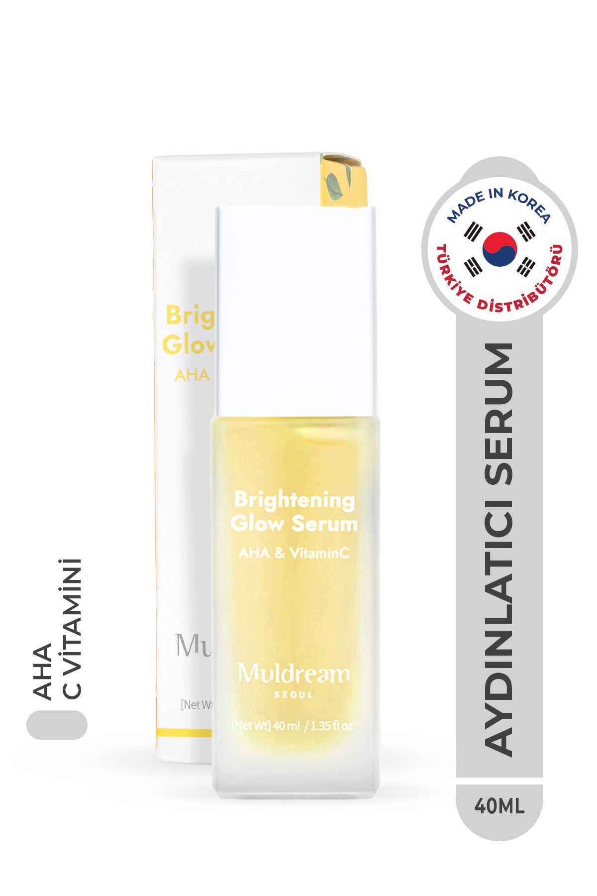 MULDREAM AHA ve C Vitamini İçeren Aydınlatıcı Işıltı Etkili Kore Serum 40ml – Peeling & Anti-Aging Bakım