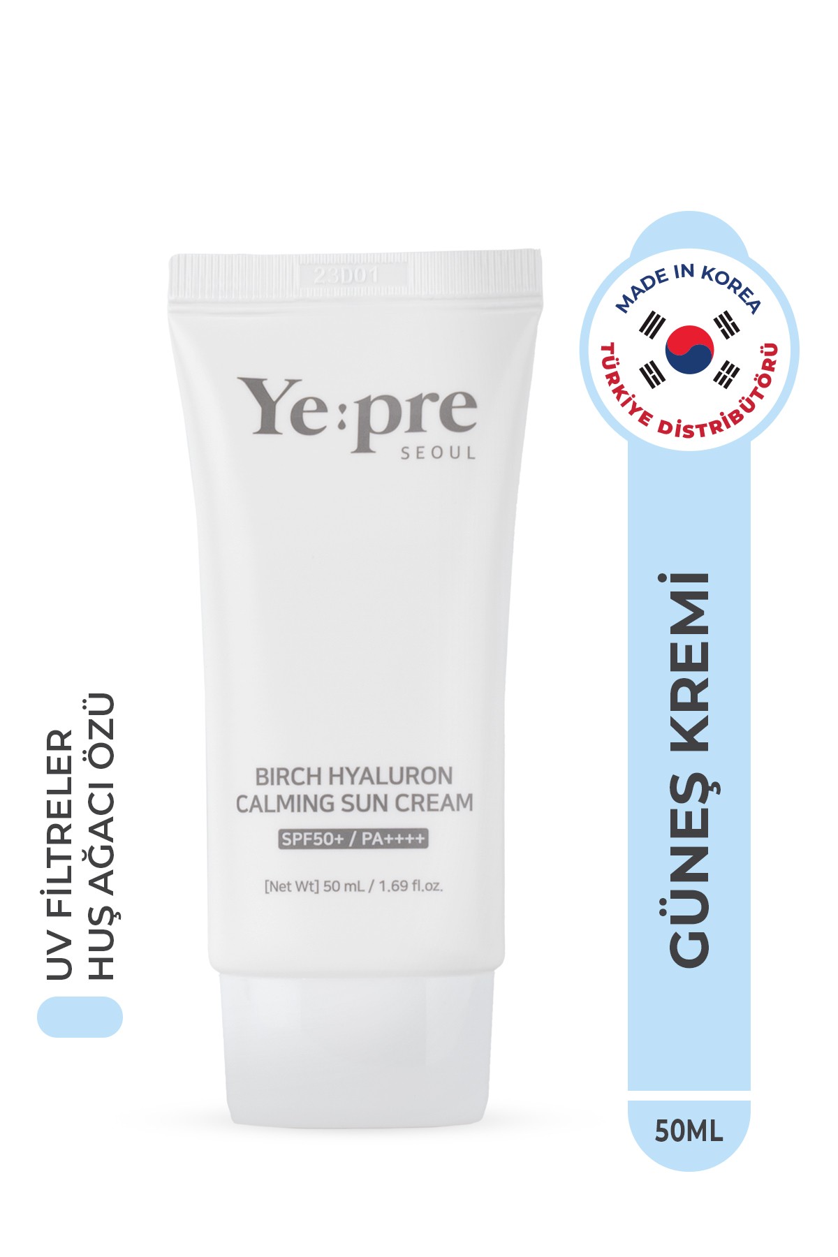 YEPRE Huş Ağacı Özü İçeren Yatıştırıcı Kore Güneş Kremi SPF50 PA++++ 50ml – Hassas Cilt Koruyucu & Nemlendirici Bakım