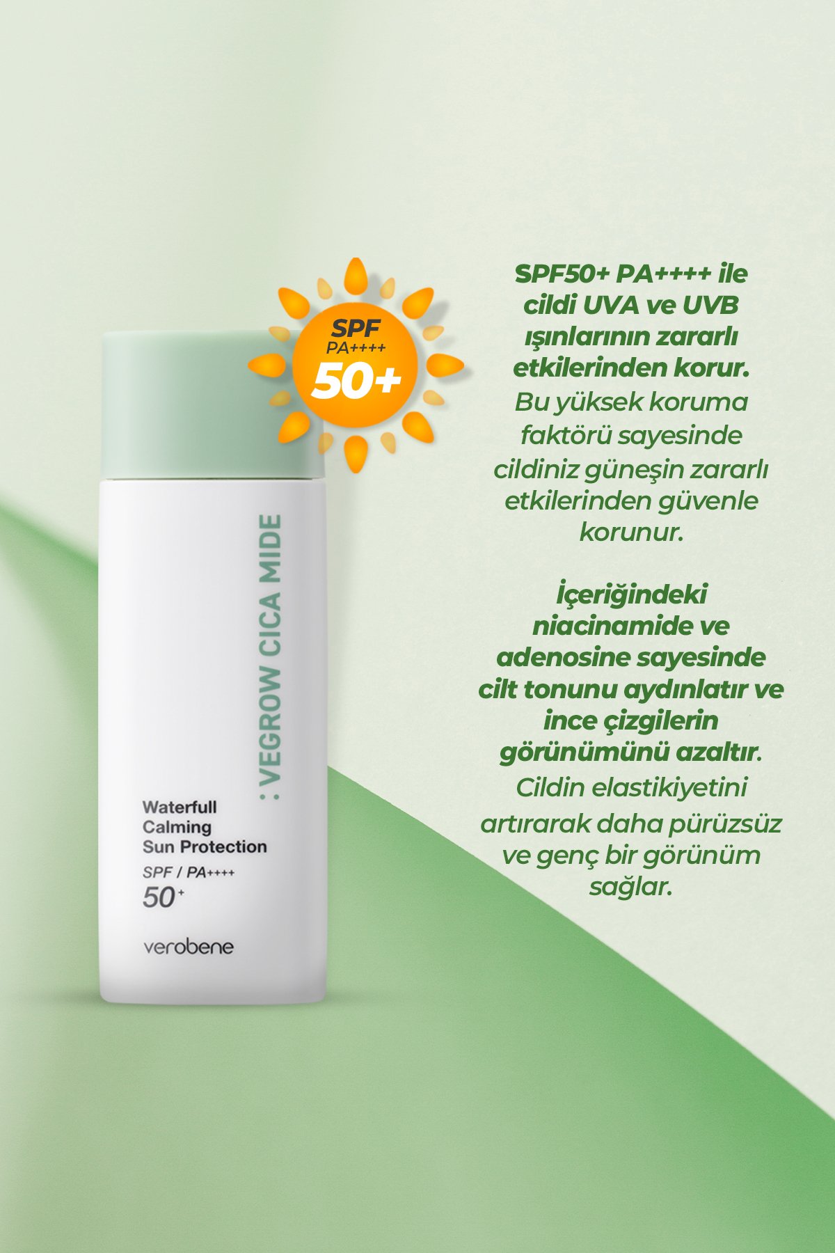 Vegrow Cica Mide Su Bazlı Yatıştırıcı Güneş Koruyucu Krem SPF50+ / PA++++ 50ml