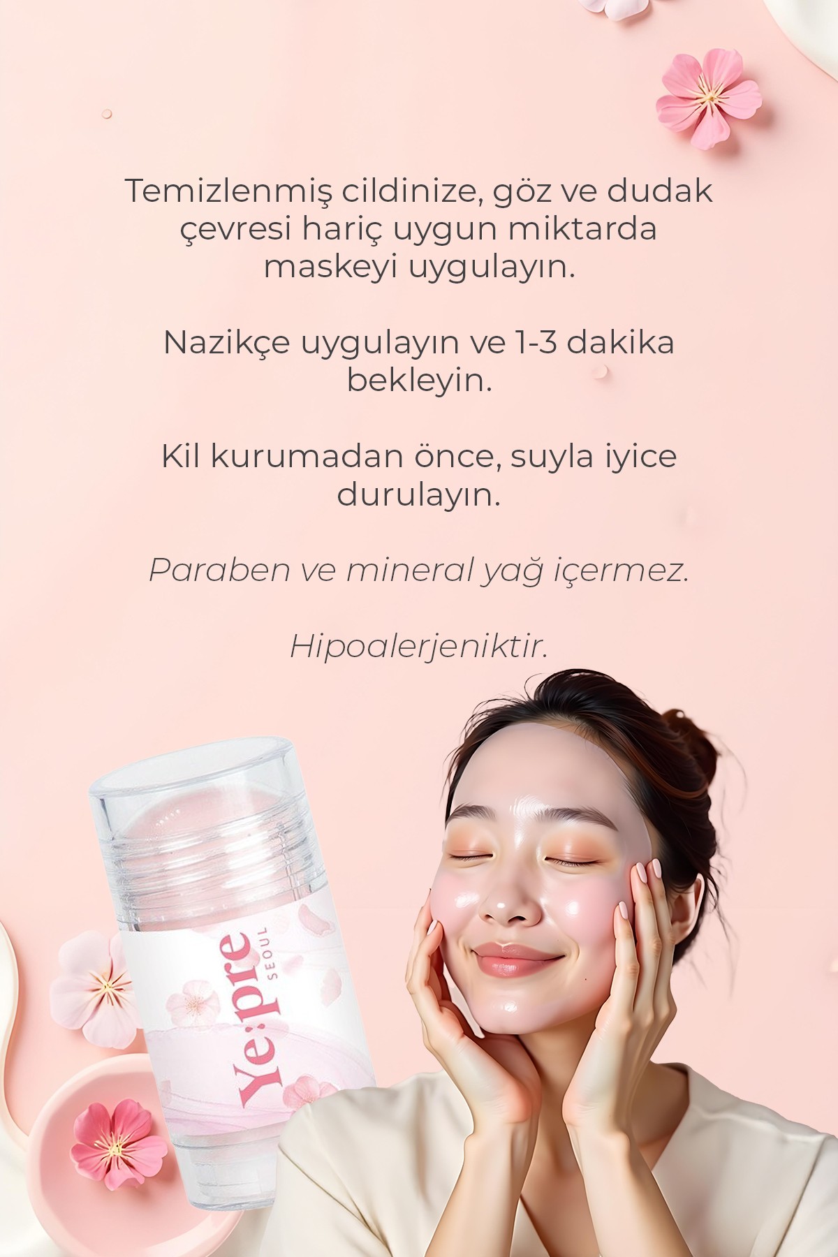 YEPRE Kiraz Çiçeği Özü İçeren Sıkılaştırıcı Nemlendirici Stik Kil Maskesi 40g