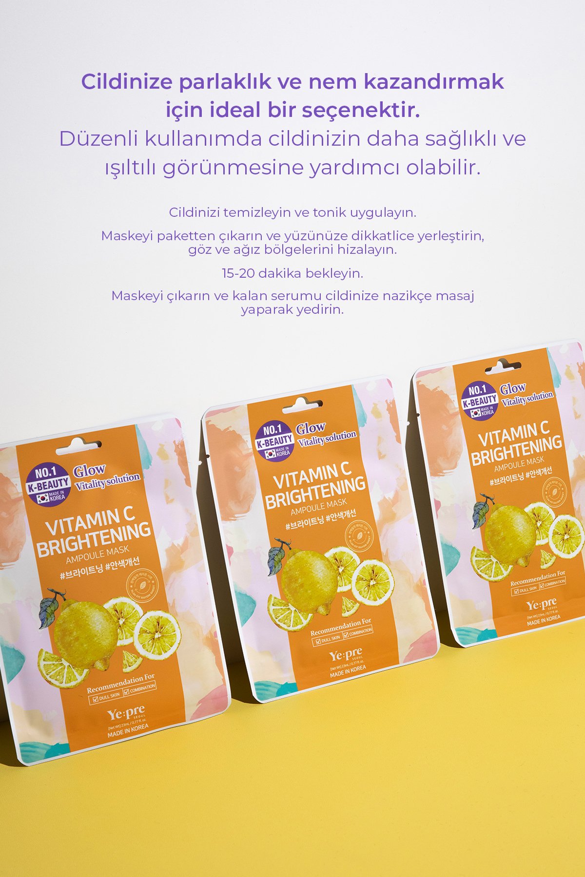 C Vitamini İçeren Aydınlatıcı Kore Maske 23ml – Leke Karşıtı & Nemlendirici Bakım