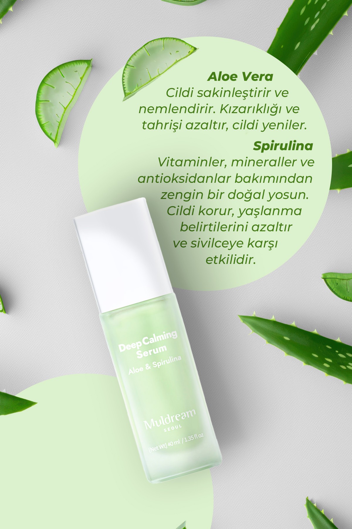 Aloe ve Spirulina İçeren Derinlemesine Yatıştırıcı Kore Serum 40ml – Hassasiyet Giderici & Onarıcı Bakım