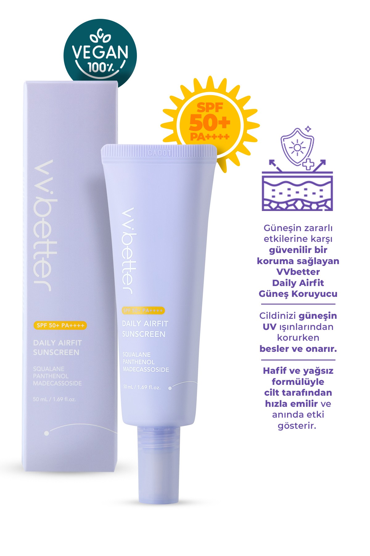 VVBETTER Hafif Dokulu Kore Güneş Kremi SPF50+ | Nemlendirici & Anti-Aging Koruma