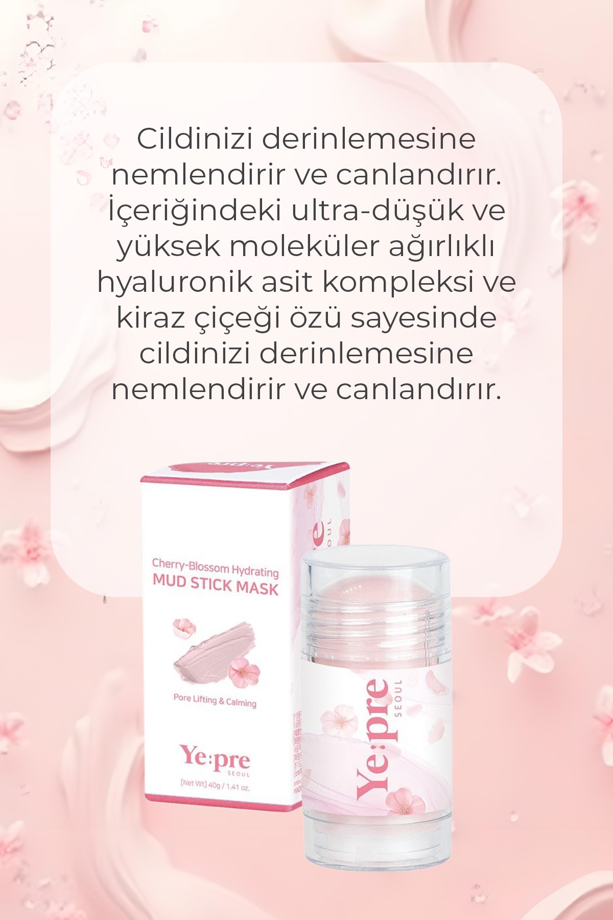 Kiraz Çiçeği Özü İçeren Sıkılaştırıcı Nemlendirici Stik Kil Maskesi 40g