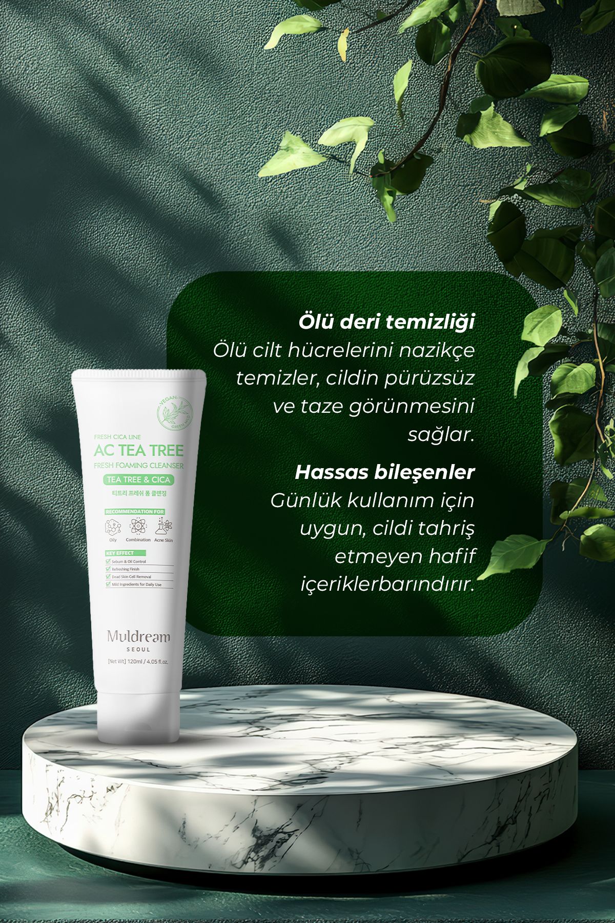 Çay Ağacı Yağı İçeren Sebum Arındırıcı Akne Karşıtı Kore Temizleyici Köpük 120ml – Yatıştırıcı & Gözenek Temizleyici