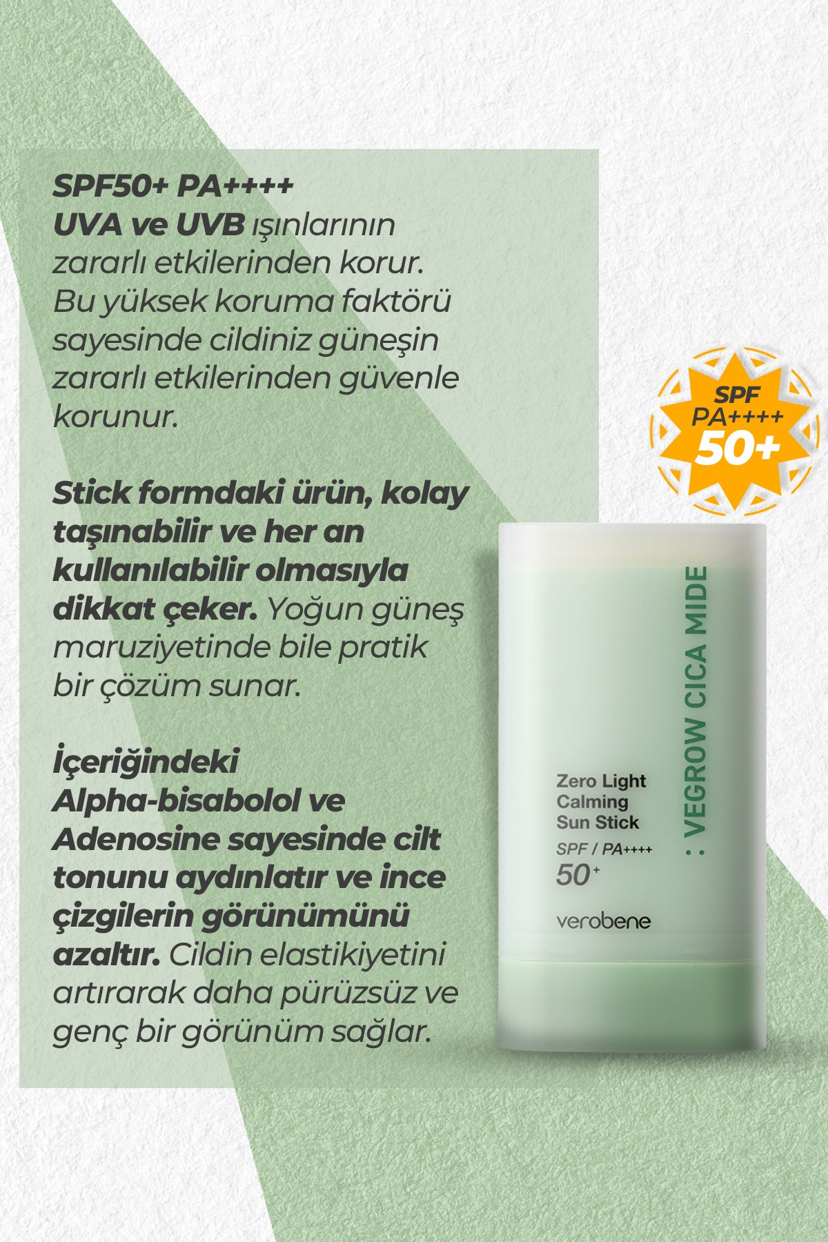 Vegrow Cica Mide Sakinleştirici Güneş Koruyucu Stick SPF50+ / PA++++ 19g