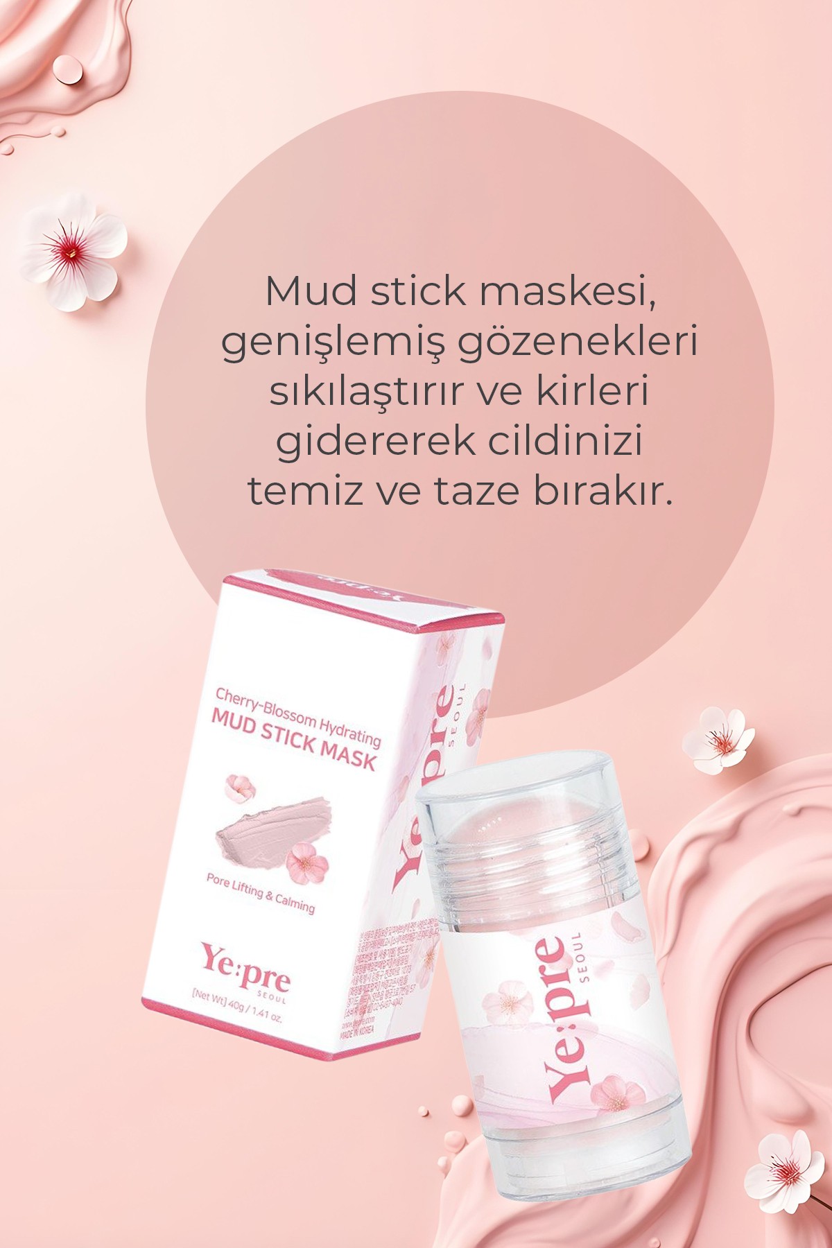 YEPRE Kiraz Çiçeği Özü İçeren Sıkılaştırıcı Nemlendirici Stik Kil Maskesi 40g